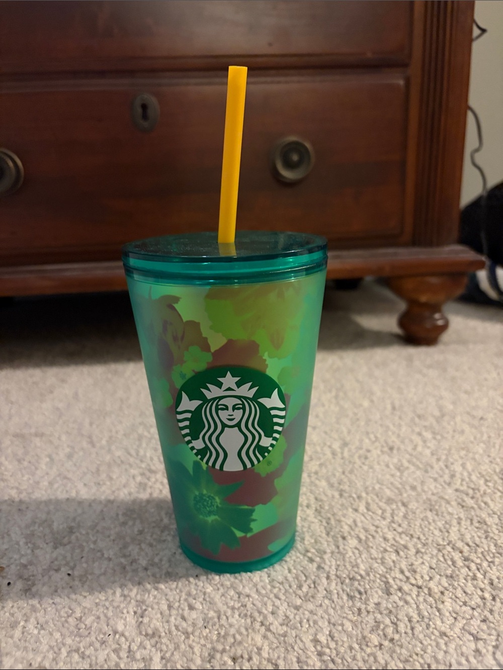 Starbucks Green Floral Reusable Cup with Yellow Straw